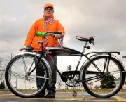 Richard Dushantinsli stands with one of his prized bikes, a  1951 Schwinn Panther bike which he refurbished and has had for 19 years. Dushantinsli, who is autistic, recently had one his other prized bikes stolen which was a 1950 Shelby Flyer. 
Photo By Frank OrdoÃez / The Post-Standard